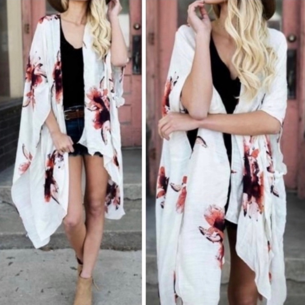 Ivory Floral Print Kimono with Armholes, One Size Fits Most